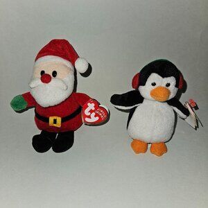 2 TY Jingle Beanies Plush Lot Christmas Small 4-5" Rattle Santa Snowbank Penguin